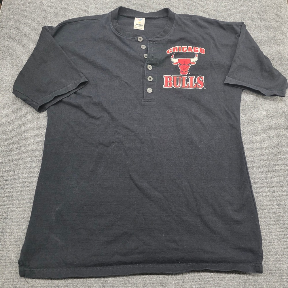 Vintage Jostens Chicago Bulls Henley Shirt Mens Large Black Short Sleeve NBA 90s